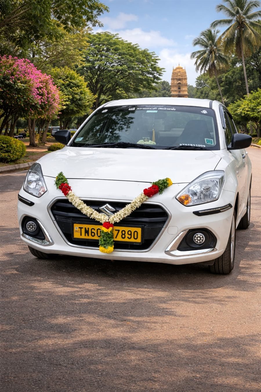 Sri Kamatchi Amman Tours and Travels Swift Dzire with flower garland, Theni